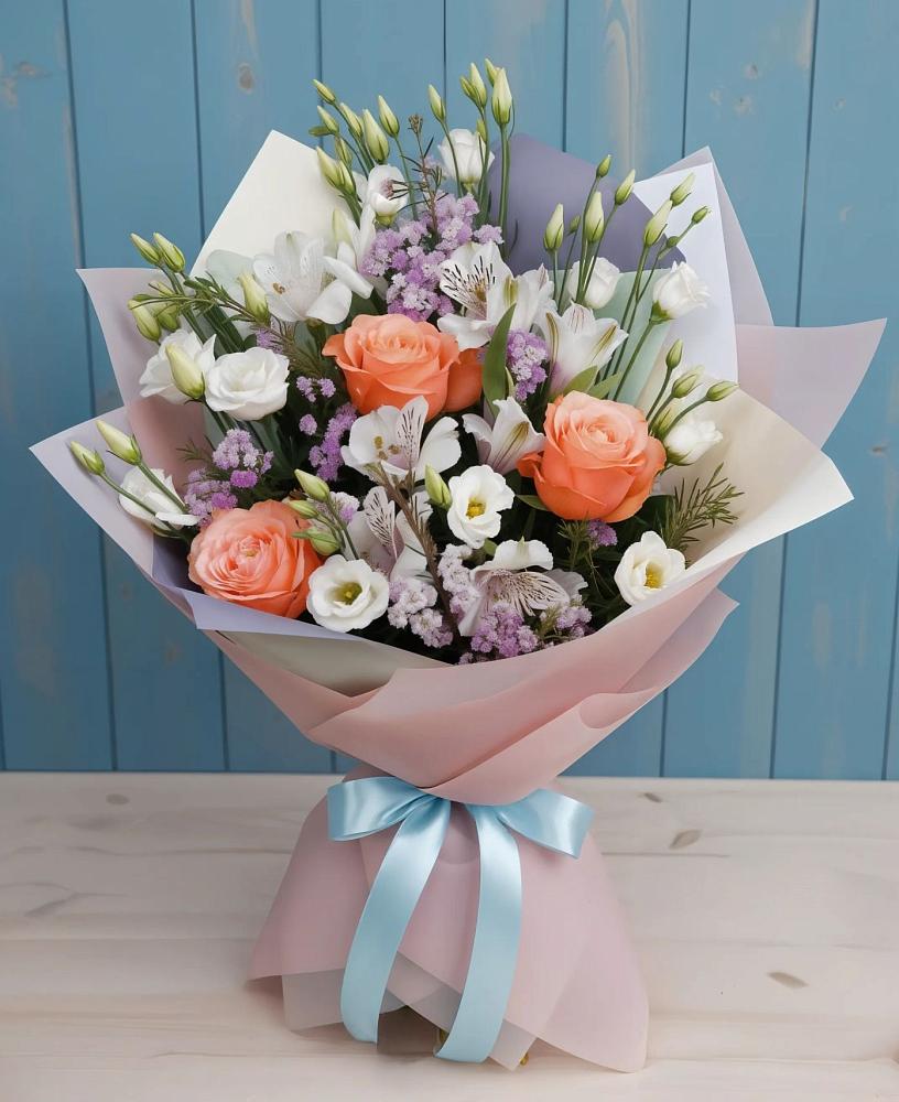 Букет цветов из: Лизиантусы, Розы, Альстромерии и Гипсофила в Огаревка