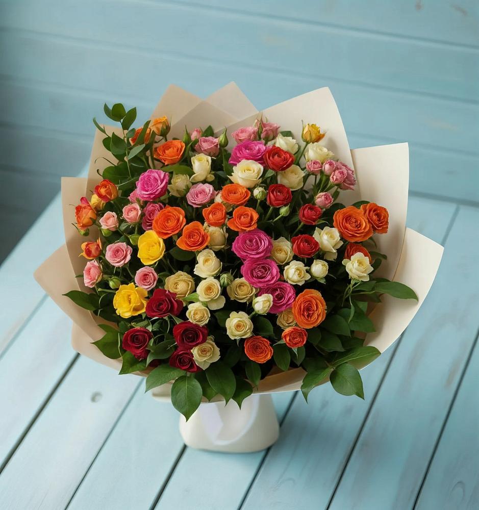 Букет Микс из разноцветных кустовых роз в Огаревка