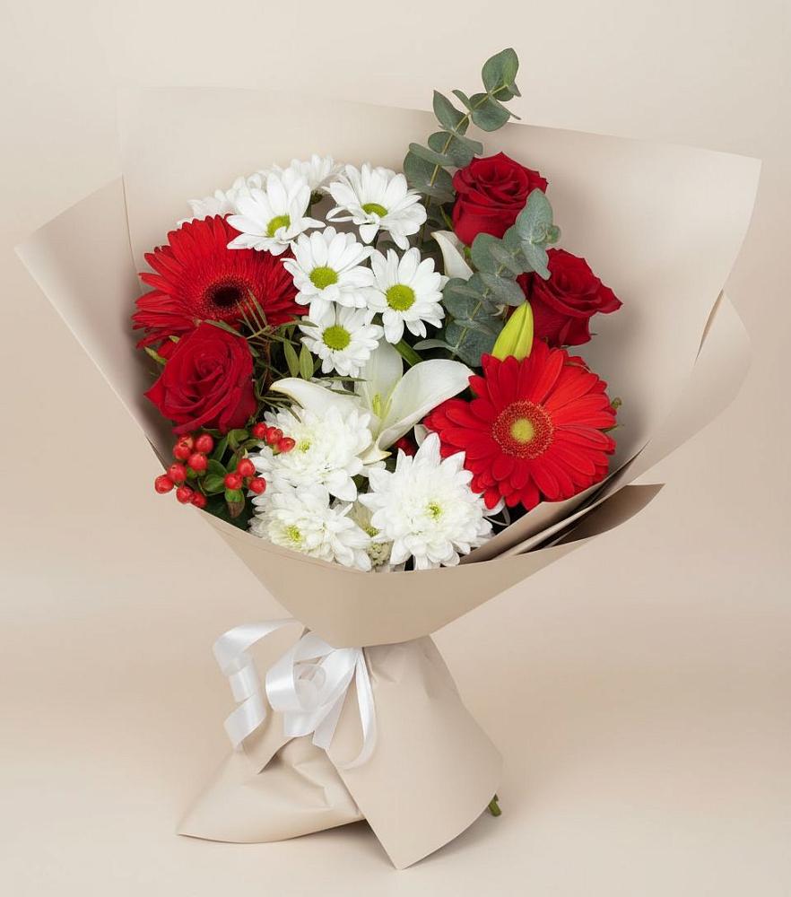 Букет цветов из: Розы, Хризантемы, Герберы и Лилии в Огаревка