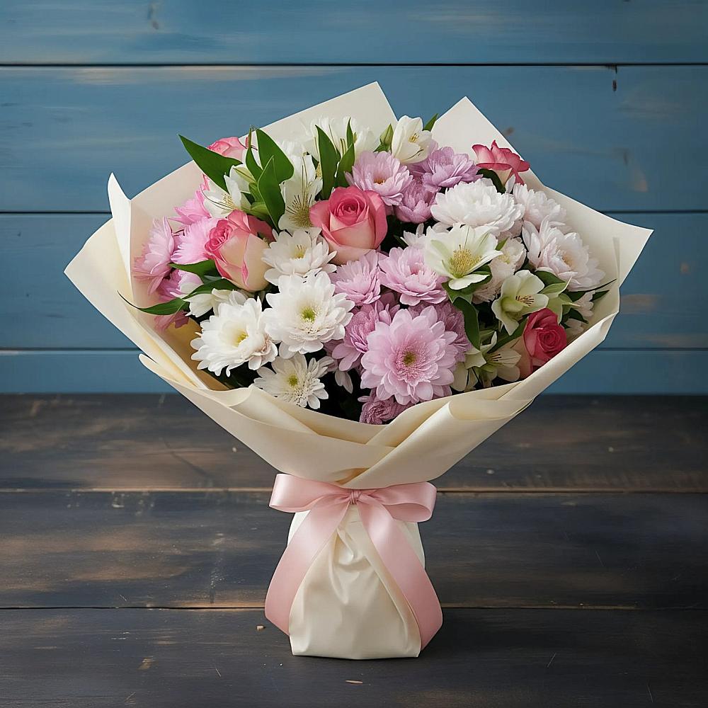 Букет цветов из: Хризантемы, Альстромерии и Розы в Огаревка